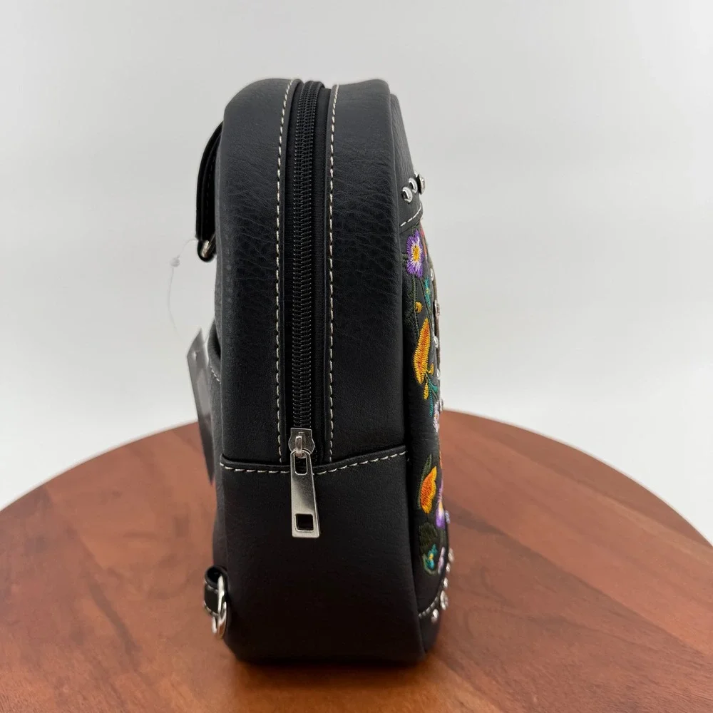 Black Faux Leather Sugar Skull Embroidered Studded Mini Backpack‎ Sling Bag NEW